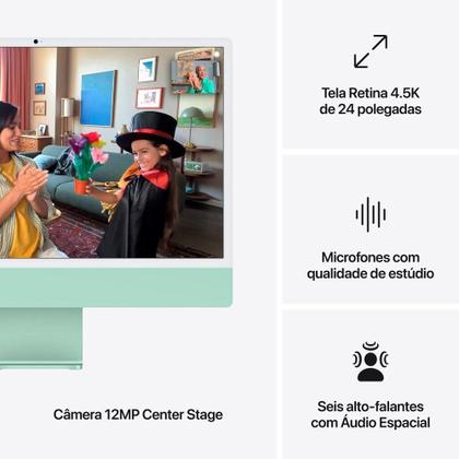 Imagem de iMac Apple Tela Retina 24" 4.5K, Chip M4, CPU 10 Núcleos, GPU 10 Núcleos, Neural Engine de 16 Núcleos, 16GB RAM, 512GB SSD, Verde - MWV03BZ/A