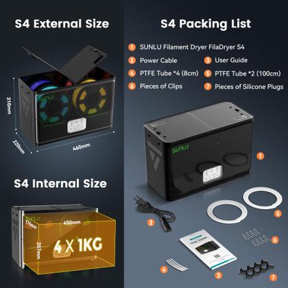 Impressora 3D e secador de filamentos SUNLU S4, capacidade de 4