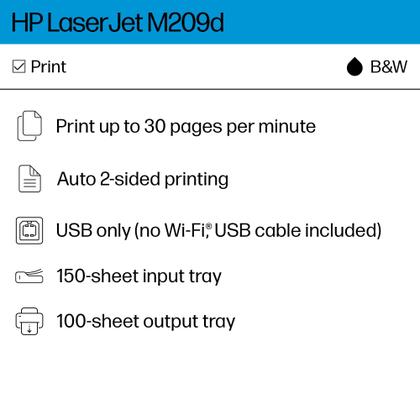 Imagem de Impressora a laser HP LaserJet M209d em preto e branco com duplex