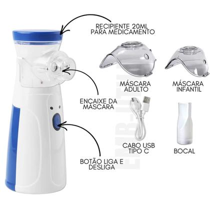 Imagem de Inalador Nebulizador Silencioso Portátil com 2 Máscaras P/ Adulto Criança Tosse USB Recarregável