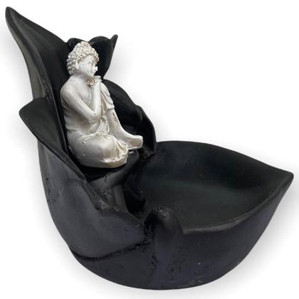 Imagem de Incensário cascata Flor Buda branco e preto 10 cm em resina