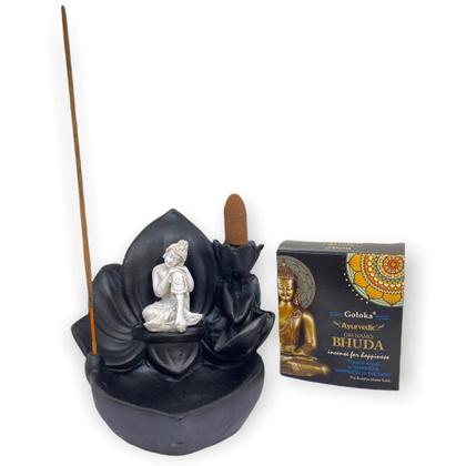 Imagem de Incensário cascata Flor Buda branco e preto 10 cm em resina