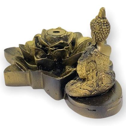 Imagem de Incensário cascata Flor de Lotus Buda dourado 7 cm em resina