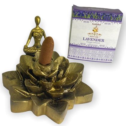 Imagem de Incensário cascata Flor de Lotus pontudo Yoga dourado 7 cm em resina - 47203