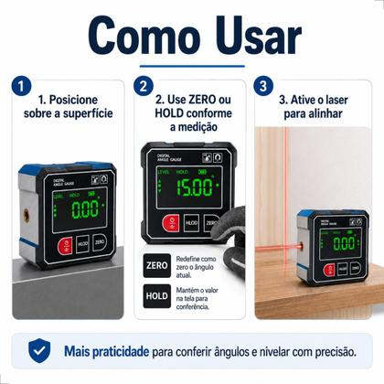 Imagem de Inclinômetro Digital Com Laser Duplo Medidor De Ângulo 4x90 Graus Base Magnética USBC IP54 Prumo Digital Profissional