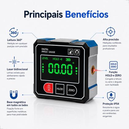 Imagem de Inclinômetro Digital Com Laser Duplo Medidor De Ângulo 4x90 Graus Base Magnética USBC IP54 Prumo Digital Profissional