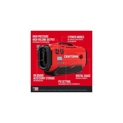 Imagem de Inflador de Pneus Portátil CRAFTSMAN V20 - Compressor de Ar com 3 Modos