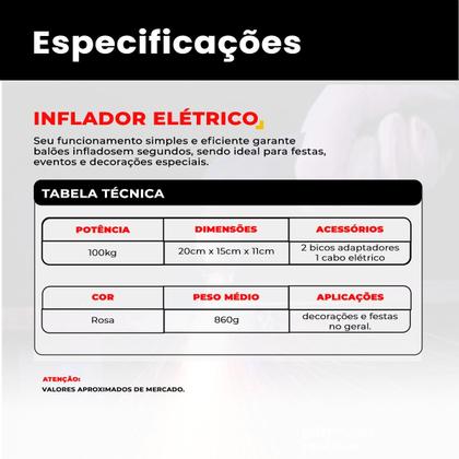 Imagem de Inflador Elétrico de Balões e Bexigas 220V 600W Rosa Portátil com 2 Bicos
