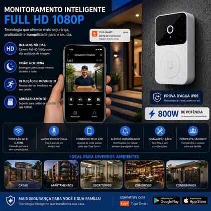 Imagem de Interfone Campainha Inteligente Bivolt 3000mAh App Tuya Câmera 1080p 800W Profissional Áudio Sem Fio WiFi Á Prova DÁgua Premium