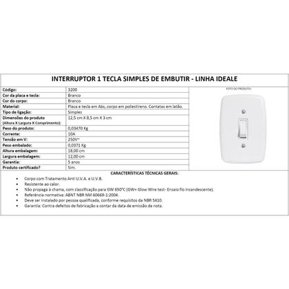 Imagem de Interruptor 1 Tecla de Embutir Branco Lig Simples Pluzie