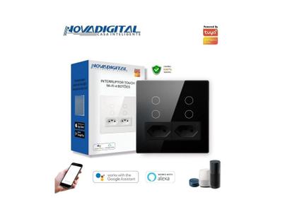 Imagem de Interruptor 4x4 com tomada 4 botões preto novadigital