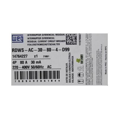 Imagem de Interruptor 80A 30mA DR Diferencial Residual Weg Tetrapolar