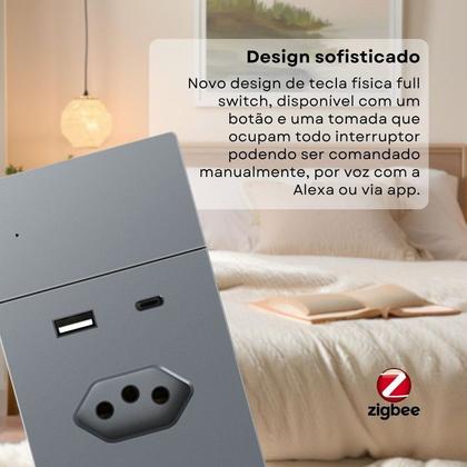 Imagem de Interruptor C/ Tomada Inteligente Zigbee 1 Botão Linha Safira Novadigital