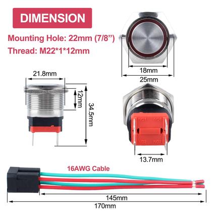 Imagem de Interruptor com botão de pressão DMWD 22mm à prova d'água 20A 12V-24V com LED