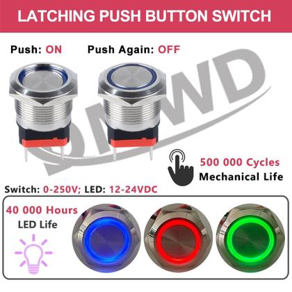 Imagem de Interruptor com botão de pressão DMWD 22mm à prova d'água 20A 12V-24V com LED