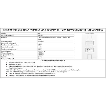 Imagem de Interruptor de 1 Tecla Paralela 10A + Tomada 2P+T 20A 250V de Embutir