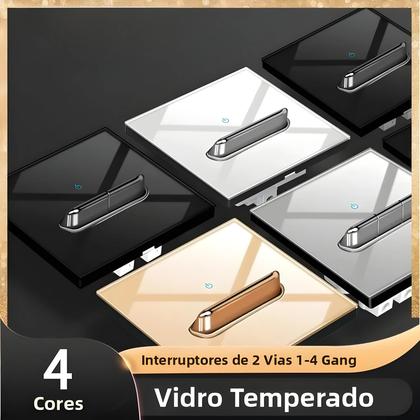 Imagem de Interruptor De Luz De Parede LED Azul Cromado Com Placa De Vidro Temperado 1 2 3 4 Gangue Branco