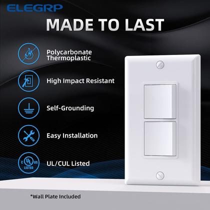 Imagem de Interruptor de luz ELEGRP Decorator Double Rocker 15A 120V branco