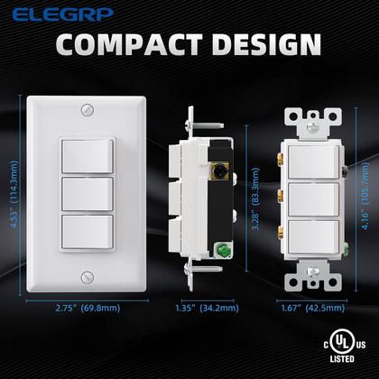 Imagem de Interruptor de luz ELEGRP Decorator Triple Rocker 15A 120V branco