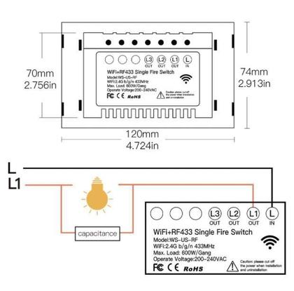 Imagem de Interruptor De Luz Inteligente Wifi Rf433 S/ Fio Neutro 110V