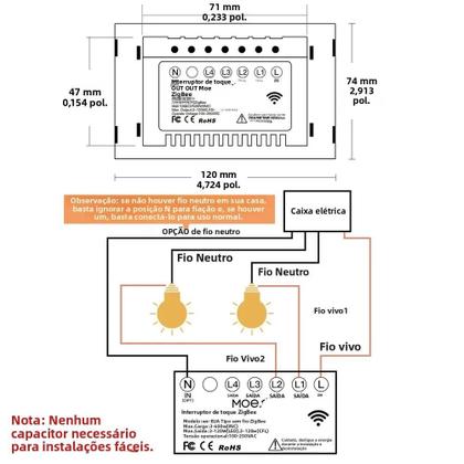 Imagem de Interruptor De Luz Inteligente ZigBee De Parede Com Toque, Sem Neutro, Compatível Com Smart Life