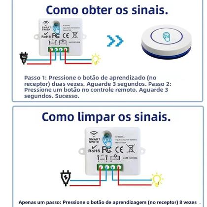 Imagem de Interruptor de Luz RF 433MHz - Controle Remoto Sem Fio 10A com Receptor de Relé