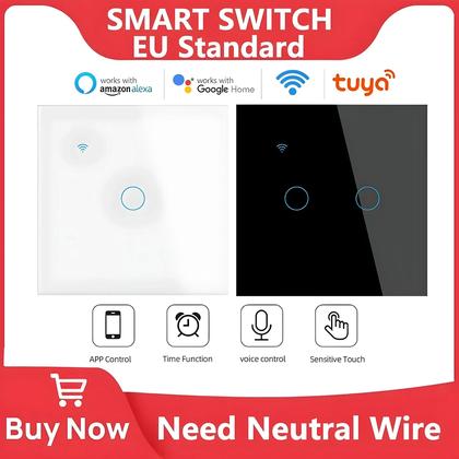 Imagem de Interruptor De Parede Inteligente WiFi Touch EU 220V Com Fio Neutro Tuya Alexa Google Home 1/2/3/4
