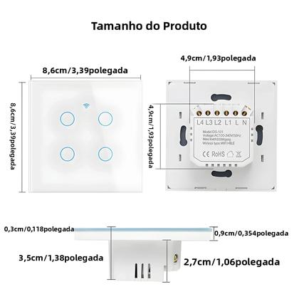 Imagem de Interruptor De Parede Inteligente WiFi Touch EU 220V Com Fio Neutro Tuya Alexa Google Home 1/2/3/4