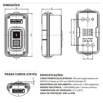 Imagem de Interruptor De Tecla Bipolar Cs-103 Ip65 20a 250v C1a1fems Margirius