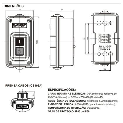 Imagem de Interruptor De Tecla Bipolar Cs-103a Ip66 20a 250v C1a1fems Margirius