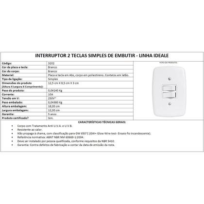 Imagem de Interruptor Duplo 2 Teclas de Embutir Branco Paralela Pluzie