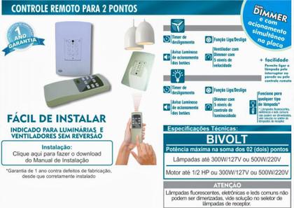 Imagem de Interruptor Duplo com Controle Remoto 5 Niveis de Dimmer Ventilador de Parede ou Iluminação Bivolt