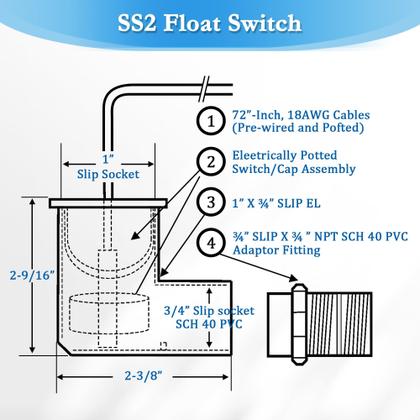 Imagem de Interruptor flutuante Feekoon SS2 com adaptador de 3/4 de polegada e fio de 1,8 m