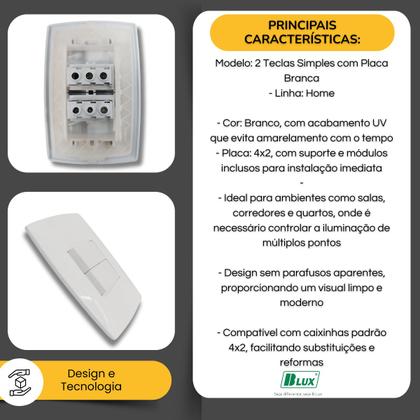 Imagem de Interruptor Home 2 Teclas Simples com Placa Branca - B.lux