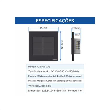 Imagem de Interruptor Intelig Zigbee Tecla Física 4botões 4x4
