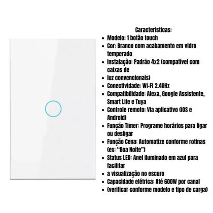Imagem de Interruptor Inteligente 1 botão 110V / 220V controle remoto voz wifi 3500W Androide