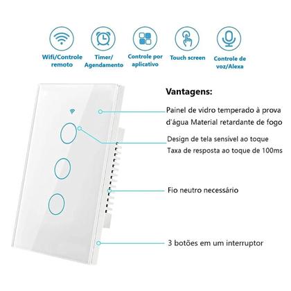 Imagem de Interruptor inteligente 3 Botão Wifi controle de voz alexa app androide BIVOLT luz Smart