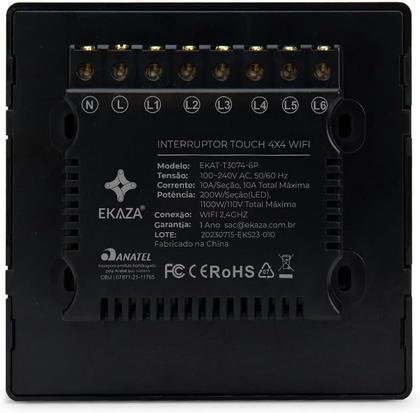 Imagem de Interruptor Inteligente 6 botões 4X4 Wifi PRETO Compatível Google home e Alexa EKAZA EKAT-T3074-6P