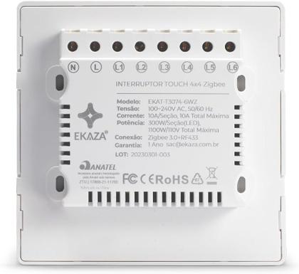Imagem de Interruptor Inteligente 6 botões 4X4 ZIGBEE BRANCO Google home Alexa EKAZA EKAT-T3074-6WZ