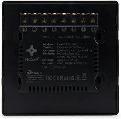 Imagem de Interruptor Inteligente 6 botões 4X4 ZIGBEE PRETO Google home Alexa EKAZA EKAT-T3074-6PZ