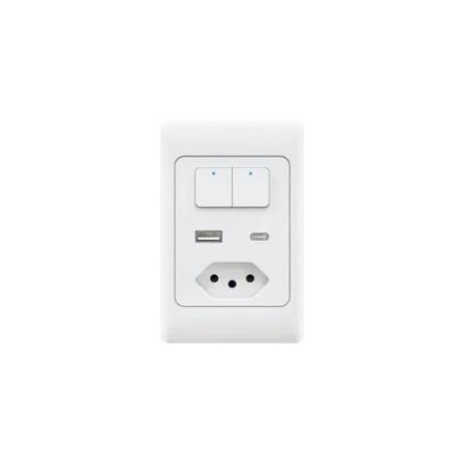 Imagem de Interruptor Inteligente AGL KS824, Wifi, 2 Teclas, ABS, Com Tomada, USB A, USB Tipo C, 10A, Branco