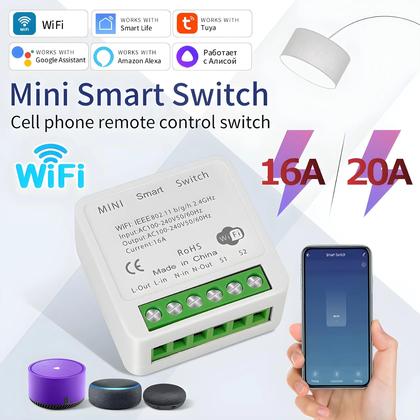 Imagem de Interruptor Inteligente Mini Tuya WiFi 16A 20A Controle Bidirecional Compatível Com Smart Life Alexa