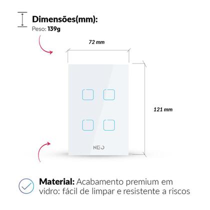 Imagem de Interruptor Inteligente Smart Zigbee Alexa google 4 Botões 4x2 Bivolt Branco Cod:291990545 Neo Avant