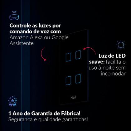 Imagem de Interruptor Inteligente Smart Zigbee Alexa google 4 Botões 4x4 Bivolt Preto Cod: 291990554 Neo Avant