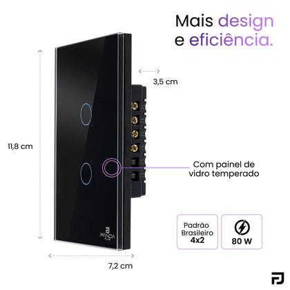 Imagem de Interruptor Inteligente Touch 2 Botões 4x2 Alexa Google Wifi Smartlife Tuya Panda Plus Controle de Voz Bivolt Automação