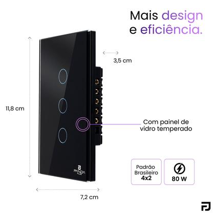 Imagem de Interruptor Inteligente Touch 3 Botões 4x2 Alexa Google Wifi Smartlife Tuya Panda Plus Controle de Voz Bivolt Automação
