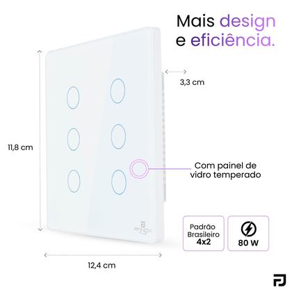 Imagem de Interruptor Inteligente Touch 6 Botões 4x4 Alexa Google Wifi Smartlife Tuya Panda Plus Controle de Voz Bivolt Automação