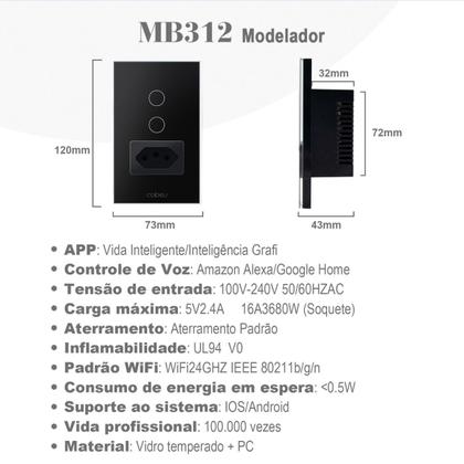 Imagem de Interruptor Inteligente WiFi  2 botões preto com Tomada, Interruptor Smart Sem Fio Multifuncional Alexa Google home