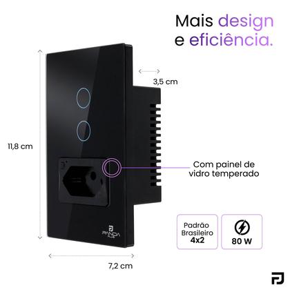 Imagem de Interruptor Inteligente Wifi 2 Botões Touch 1 Tomada 16A Bivolt Smartlife Tuya PandaPlus Alexa Google Comando Voz e App