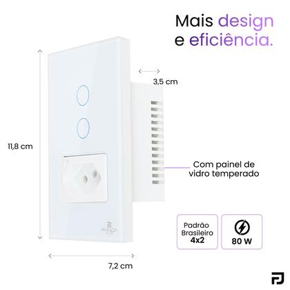 Imagem de Interruptor Inteligente Wifi 2 Botões Touch 1 Tomada 16A Bivolt Smartlife Tuya PandaPlus Alexa Google Comando Voz e App